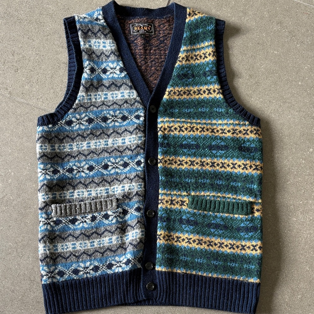 Beams+ Japan Panel Button Knit Vest Indigo Blue Fair Isle